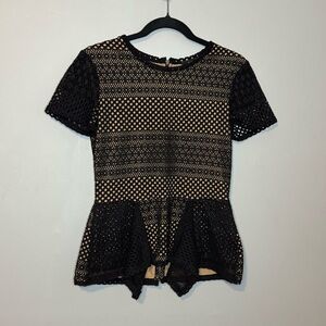 BCBGMaxAzria Black and Tan Peplum Blouse